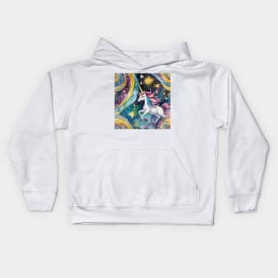 Geometric pattern of curved seamless stripes making a starry night with galaxy, stars and unicorns Kids Hoodie